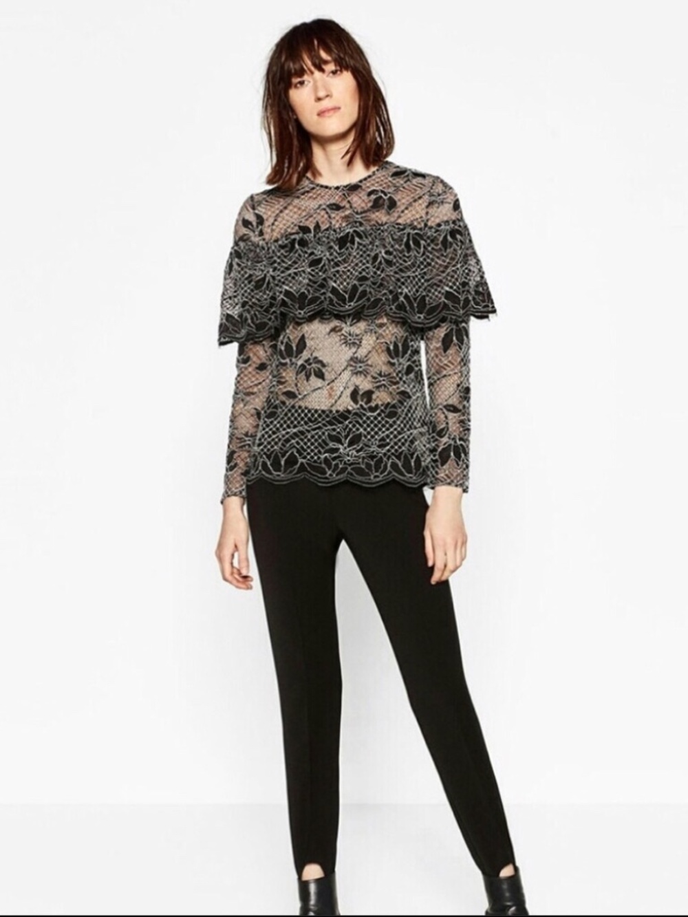 Zara Black Lace Tiered Top Blouse Long Sleeve Whimsigoth Dark Romantic Goth SZ L